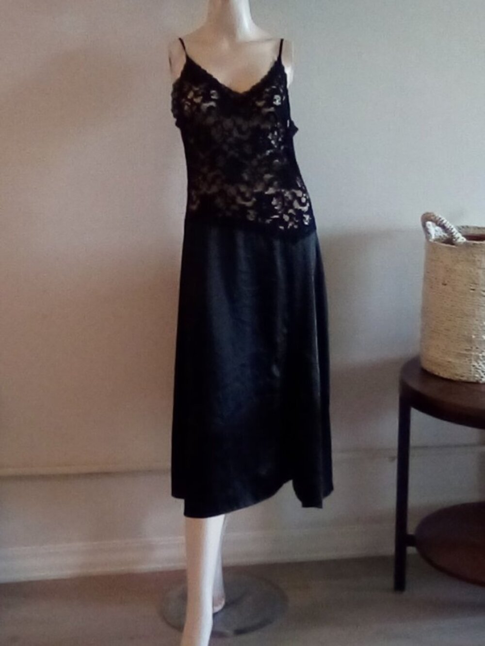 Sensara Lace Satin Floral Sheer Black Slip Dress Sz M